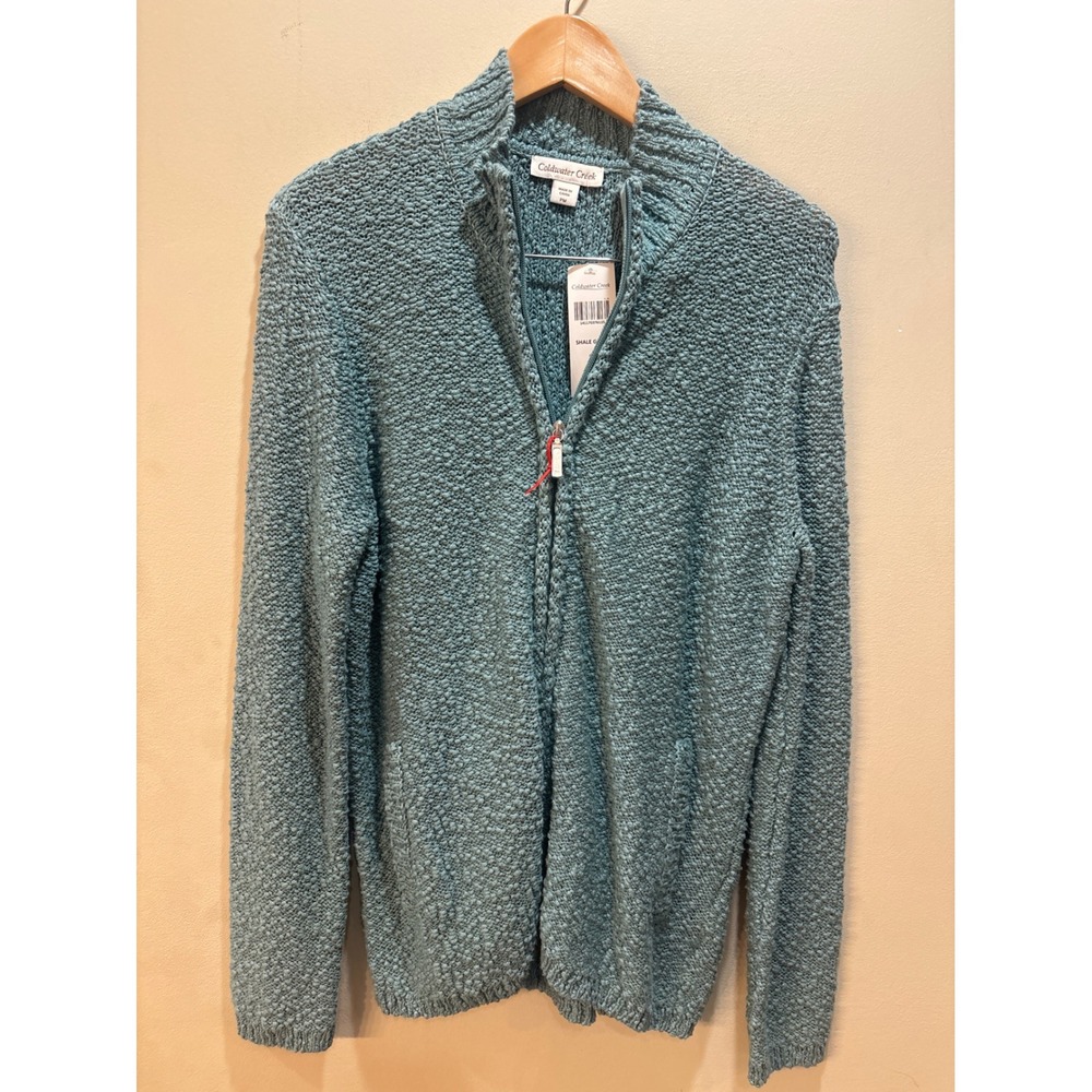 NWT Coldwater Creek Shale Green Popcorn Knit Full Zip Cotton Sweater PM Petite M